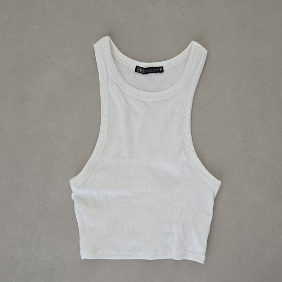 Zara White Ribbed Racetracker Tank Top Size S - Picture 2 of 5